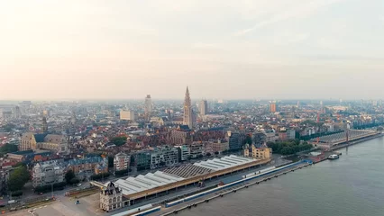 Foto op Plexiglas Antwerp, Belgium. Panorama overlooking the Cathedral of Our Lady (Antwerp). Historical center of Antwerp. City is located on the river Scheldt (Escaut). Summer morning, Aerial View © nikitamaykov