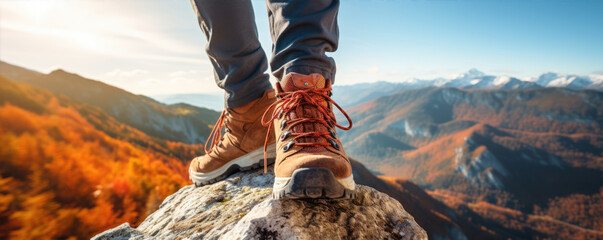 Close up sneakers in the mountain climbing - obrazy, fototapety, plakaty