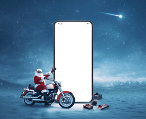 Biker Santa Claus and big smartphone - obrazy, fototapety, plakaty
