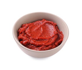 Bowl of tasty tomato paste isolated on white
