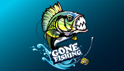 Fishing bass logo. Bass fish with rod club emblem. Fishing theme illustration. Fish Isolated on white.
