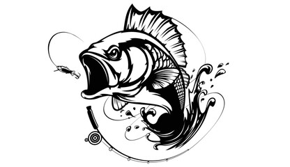 Fishing bass logo. Bass fish with rod club emblem. Fishing theme illustration. Fish Isolated on white. - obrazy, fototapety, plakaty
