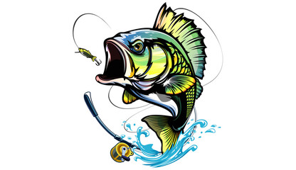 Fishing bass logo. Bass fish with rod club emblem. Fishing theme illustration. Fish Isolated on white.