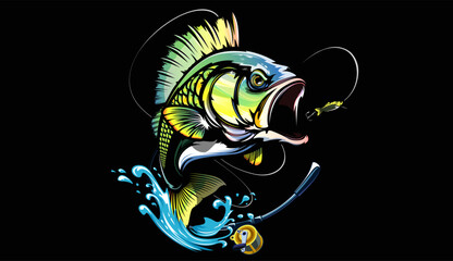 Fishing bass logo. Bass fish with rod club emblem. Fishing theme illustration. Fish Isolated on white.