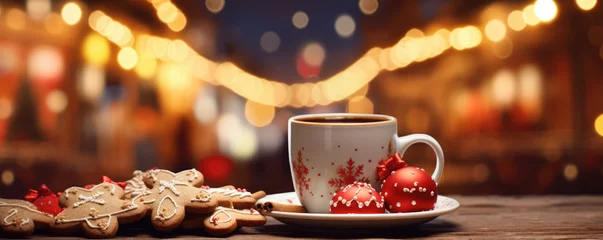 Fotobehang Christmas cup of the cinnamon tea and cake with decoration on the wooden table . © Michal