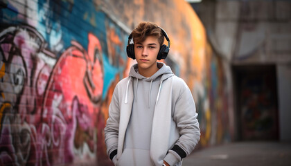 Fototapeta premium Teenage boy listening to music on large headphones.