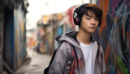 Fototapeta premium Teenage boy listening to music on large headphones.