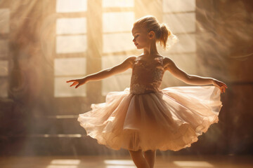 Little kid girl ballerina dance in a studio. AI generative