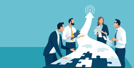 Build your way to success. Putting together a puzzle of a success. People standing around the rising arrow putting together the arrow puzzle. Vector illustration