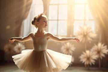 Little kid girl ballerina dance in a studio. AI generative