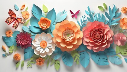 Abstract cut paper flowers isolated on white, botanical background, festive flora