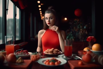 Fotobehang Brunette woman in red dress eating dinner in restaurant. Elegant lady in dinning room with window view. Generate ai © nsit0108