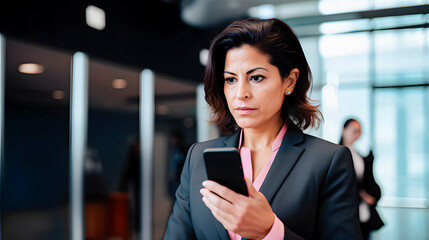 Latina businesswoman in gray suit looking at her smartphone