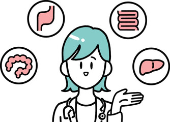 指を指して医療サービスを案内する医療従事者のシンプルイラスト女性