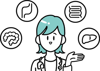 指を指して医療サービスを案内する医療従事者のシンプルイラスト