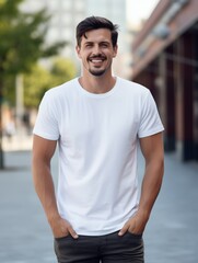 a man in white tshirt smiling and looking at the camera for Mockup tshirt