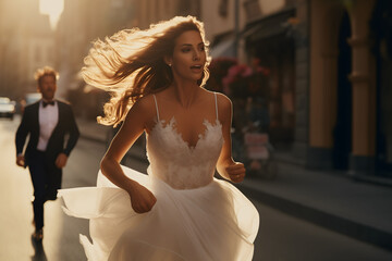 Wedding day panic crisis. Runaway bride in bridal clothes running fleeing the ceremony while groom is chasing her on a street. - obrazy, fototapety, plakaty