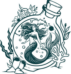 Aesthetic Floral Bottle Mermaid Silhouette Graphic Clip Art
