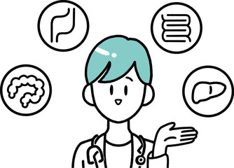 指を指して医療サービスを案内する医療従事者のシンプルイラスト