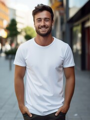 a man in white tshirt smiling and looking at the camera for Mockup tshirt