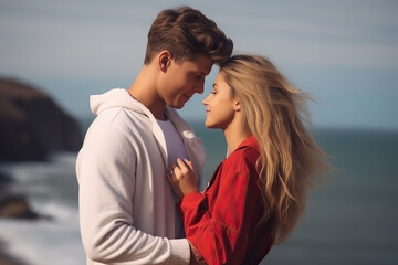 Romantic young couple embracing each other on the beach.