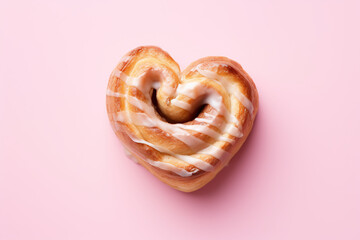 Heart shaped cinnamon bun on pink background, top view.