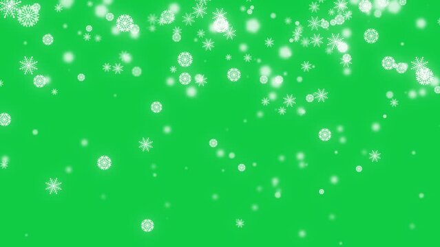 4K. particle animation of white snowflake, snow crystal falling down decoration for winter season isolated on chroma key green screen background for overlay motion graphic