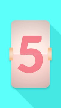 4K vertical. simply real time countdown leader graphic counting from 9 to 0 with numerals reverse, pink flip clock counts down from nine to zero with shadow isolated on blue background
