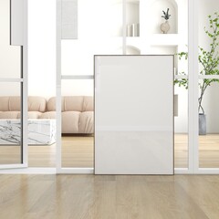 poster frame mockup on wooden floor against glass door in minimalist living room. blank canvas mock up, modern interior with light. 3D illustration