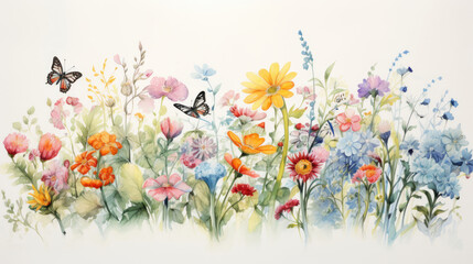 Fototapeta na wymiar A pastel watercolor drawing of small colorful flowers and butterflies