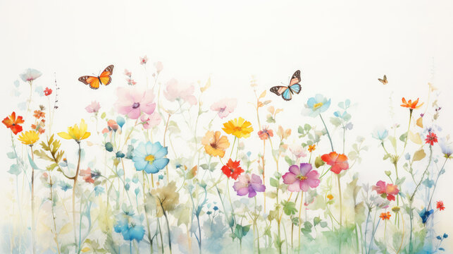 A pastel watercolor drawing of small colorful flowers and butterflies