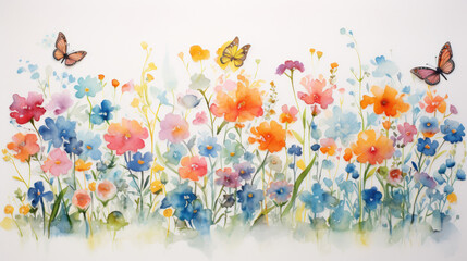 Fototapeta na wymiar A pastel watercolor drawing of small colorful flowers and butterflies