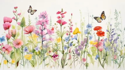 Foto op Canvas A pastel watercolor drawing of small colorful flowers and butterflies © Veniamin Kraskov