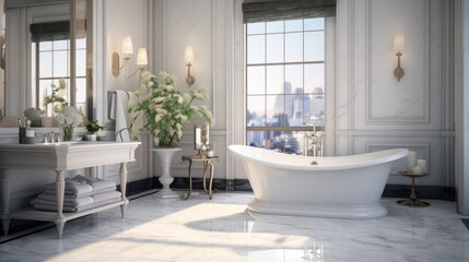 a luxurious bathroom with a large marble shower and a vanity with a marble countertop and a freestanding tub
