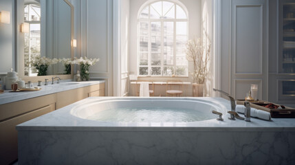 a luxurious bathroom with a large marble bathtub - obrazy, fototapety, plakaty
