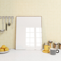 Wooden frame mockup on kitchen countertop against yellow tiles. Interior design scene empty poster, kitchen decorations. 3d illustration