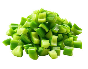 A pile of green bell peppers is cut into small pieces, on transparent background PNG