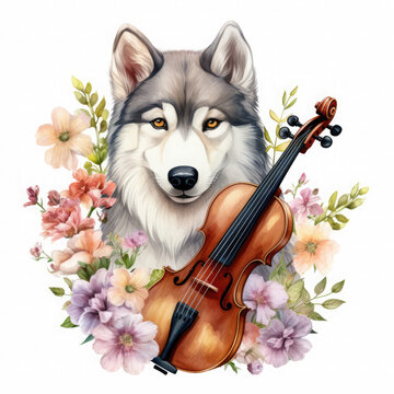 Husky dog, violin with flower Illustration, Generative Ai