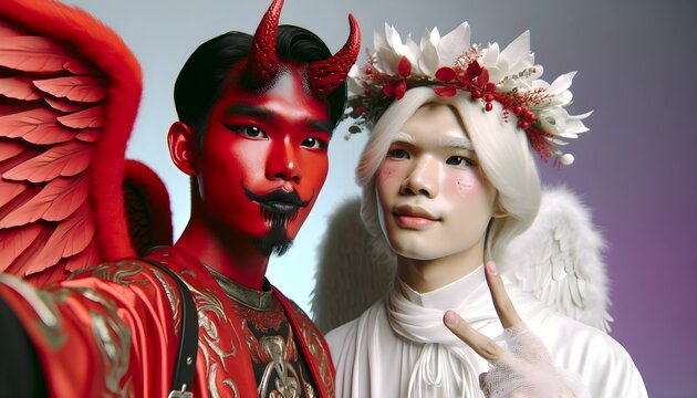 Devil and angel taking selfie