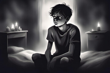 Sad teenager sitting in his room all alone at night. Depressed helpless man sitting in the dark alleyway, feeling sadness and pain, mental illness, paranoid, hopeless. - obrazy, fototapety, plakaty