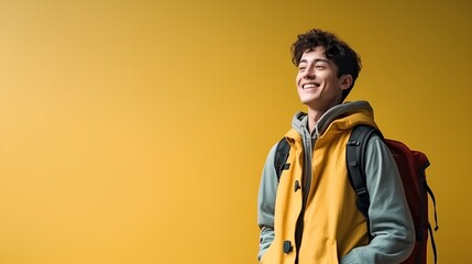 Fototapeta premium A relaxed posture of a male student with a backpack slung over one shoulder, exuding casual confidence against a bold yellow background. generative AI