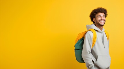A relaxed posture of a African American male student with a backpack slung over one shoulder, exuding casual confidence against a bold yellow background. generative AI