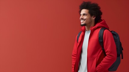 A relaxed posture of a African American male student with a backpack slung over one shoulder, exuding casual confidence against a bold red background. generative AI