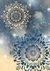 Abstract background with snowflakes and shining glare stars. Template, poster, postcards for holiday, New Year, Christmas. Vector