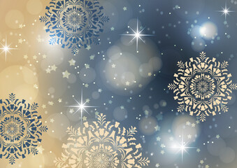 Abstract background with snowflakes and shining glare stars. Template, poster, postcards for holiday, New Year, Christmas. Vector