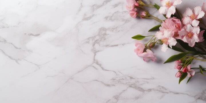 Marble table with spring flowers, Top view. Happy Mother's, Women's and Valentine's Day. Flat lay Marbled background with Copy space. Minimalistic banner with copyspace for presentations, sale