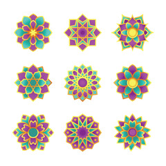 Set of Geometric Islamic Flower Mandala Object. Isolated Arabic Traditional Art Decoration Floral Arabesque Pattern for print, poster, cover, brochure, flyer, banner.
