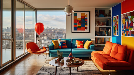 1960s tower interior room renovation with strong and contrasting shades of colours - obrazy, fototapety, plakaty
