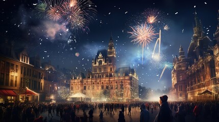 Fototapeta na wymiar New Year's Eve with fireworks, champagne to celebrate the new year holiday cartoon illustrations,generated with AI.