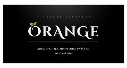 Orange Modern Bold Font. Regular Italic Number Typography urban style alphabet fonts for fashion, sport, technology, Crypto, digital, movie, logo design, vector illustration - obrazy, fototapety, plakaty